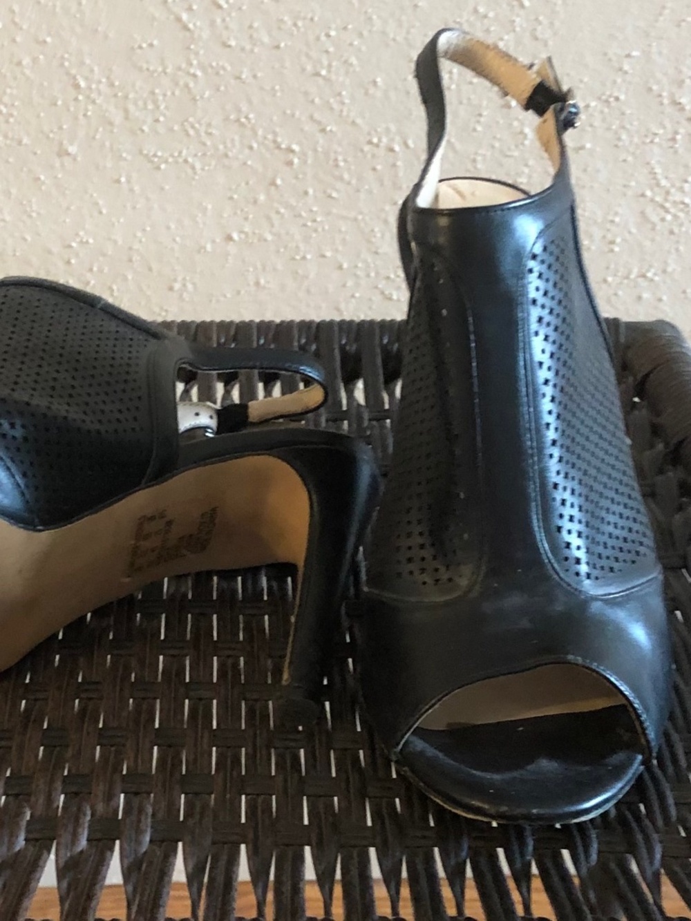 Metaphor Black Leather Open Toe Heels